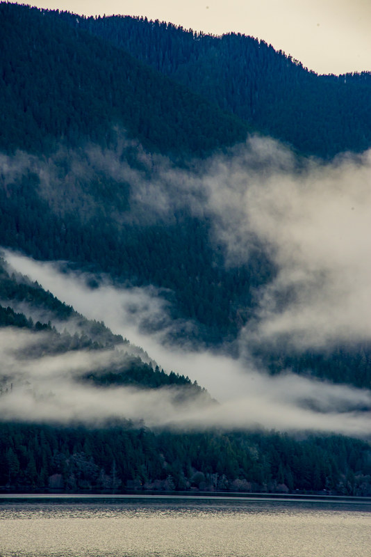 Low cloud layer drifting through forested mountain slopes above a still lake and inlet